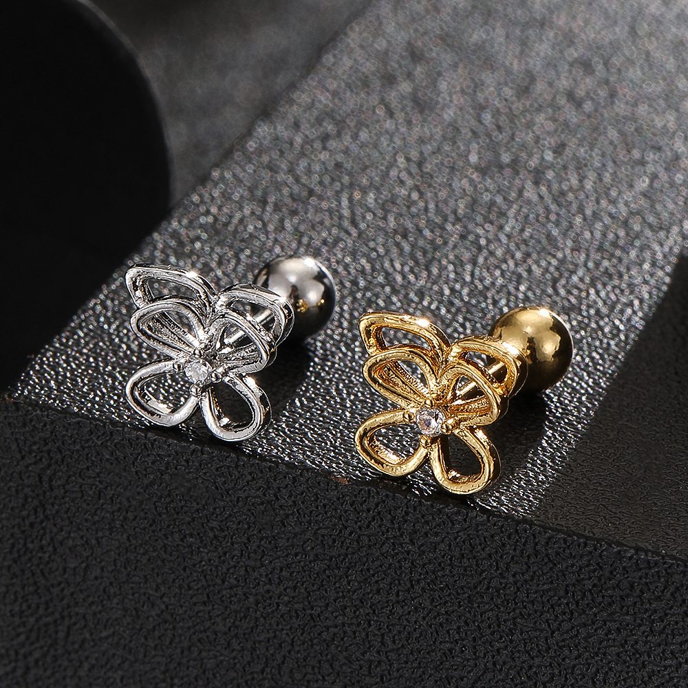 18K Gold Plated Antler Flower Cartilage Ear Stud Titanium Steel Screw Bone Earring Niche Jewelry - Image 4