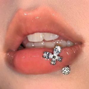 Sparkling Zircon Butterfly Lip Ring with Diamond-Studded Mud Ball Titanium Steel Ear Cartilage Ring C-Ring Horseshoe Ring Lip Stud Piercing Jewelry