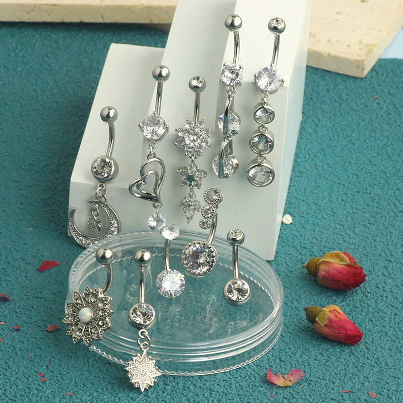 Amazon Hot Sale Love Moon Cubic Zirconia Navel Ring Stainless Steel Belly Button Jewelry 10-Piece Set - Image 5