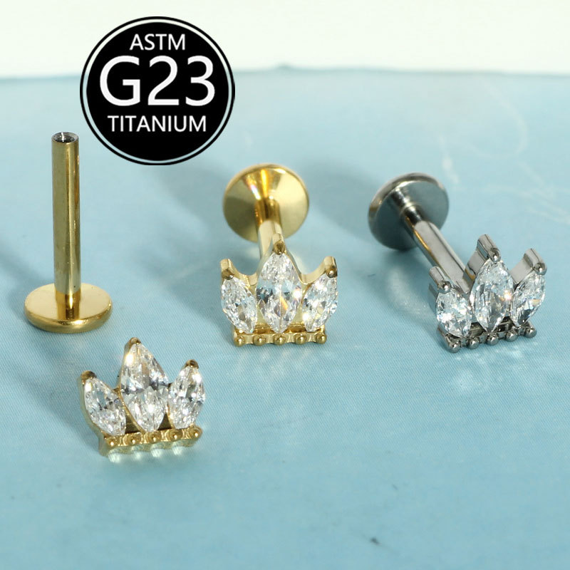 G23 Titanium Marquise CZ Crown Lip Labret Stud Internally Threaded Piercing Jewelry - Image 3