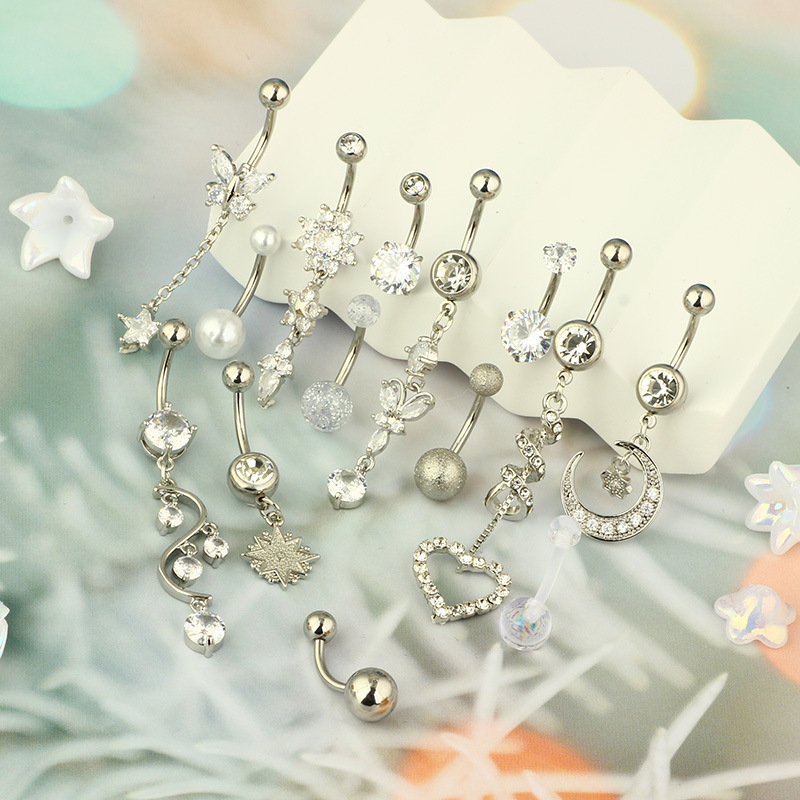 Heart Zircon Belly Button Ring 316L Surgical Steel Piercing Jewelry Set of 14 - Image 3