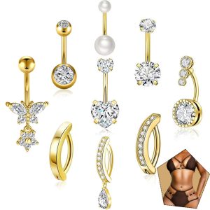 Zircon Butterfly Flower Belly Button Ring Set - Gold Plated Stainless Steel Navel Piercing Jewelry