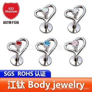 G23 Titanium Alloy Heart Stud Earring with Zircon Inlay - Hollow Design Cartilage Jewelry