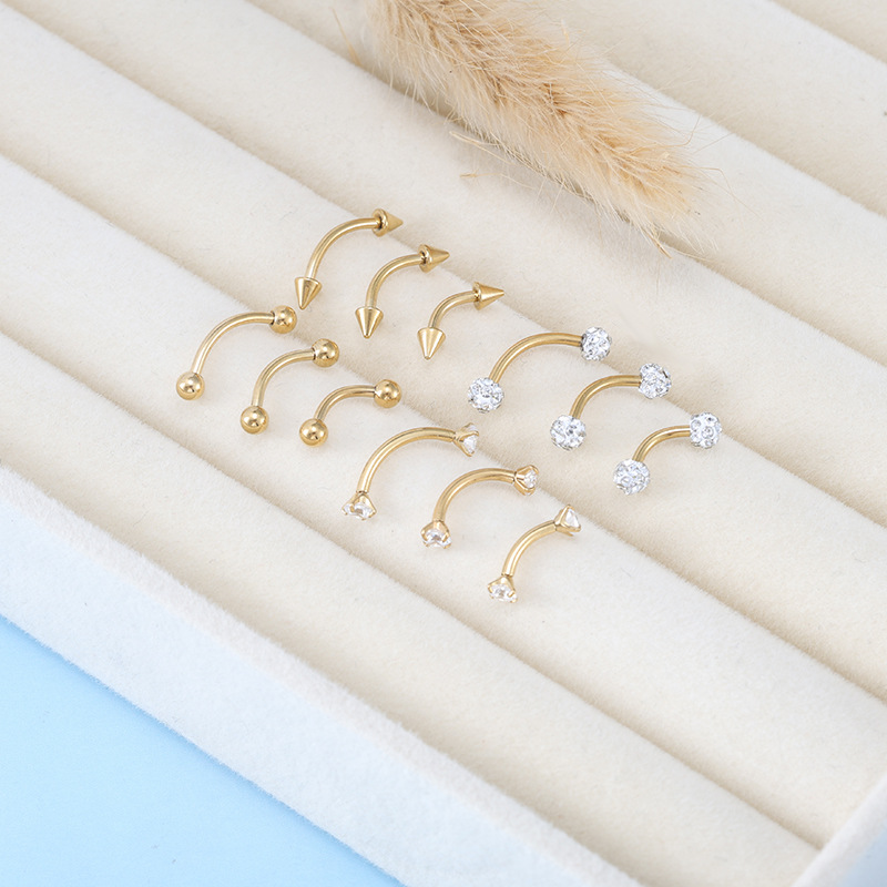 12pc Best-Selling Stainless Steel Eyebrow Studs Set with Pointed Cones, Round Balls & Zircon Inlays - Image 3