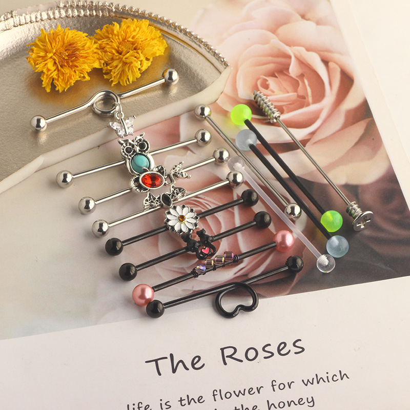 European American Trendy Ear Studs Butterfly Snake Industrial Barbell Cross Bar Ear Bone Nail Piercing Jewelry Set - Image 2