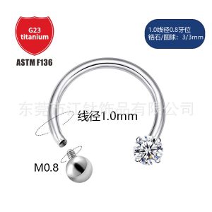 G23 Titanium Horseshoe Ring Nose Ring with Inlaid Zircon Ball C-Type Nose Nail for Piercing