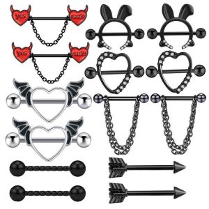 Black Stainless Steel Peach Heart Nipple Chain Ring Body Piercing Jewelry