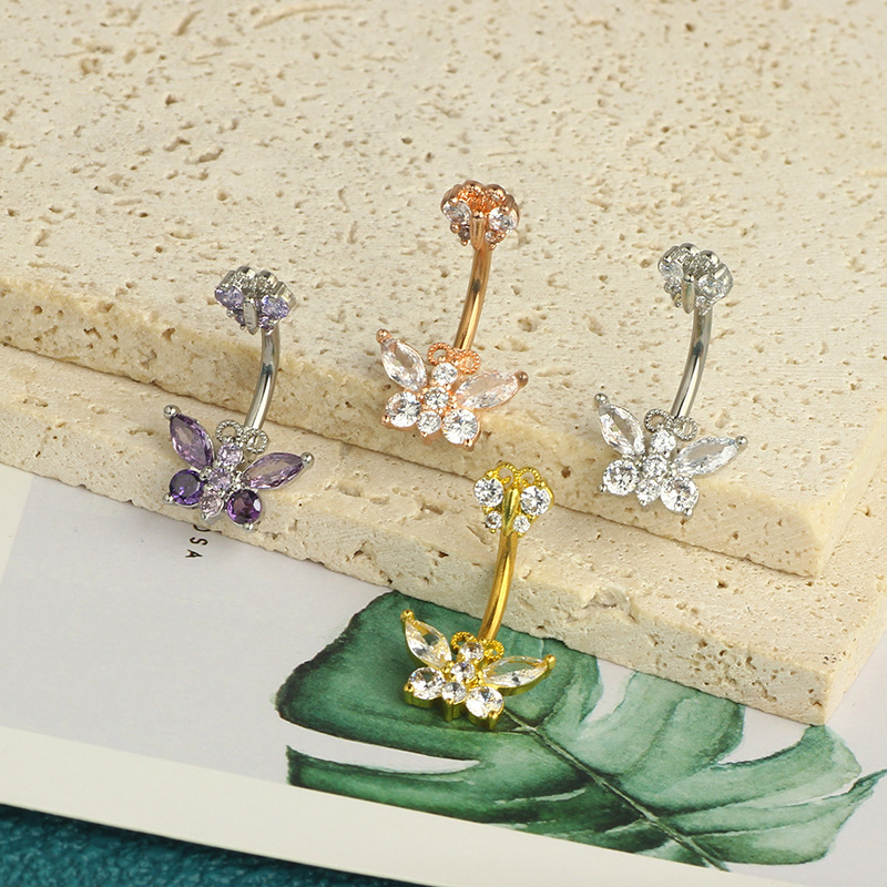 Zircon Belly Button Ring 316L Surgical Steel Dangle Flower Navel Piercing Jewelry for Women - Image 2