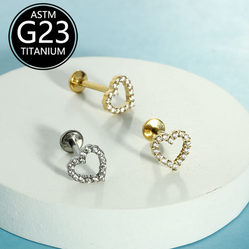 1.2mm Thick F136 Titanium Lip Stud with Fashionable Zircon Heart-Shaped Ear Bone Stud, G23 Titanium Body Piercing Jewelry - Image 2