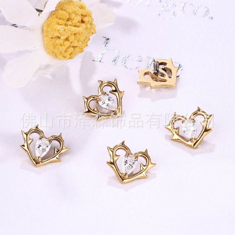 F136 Titanium Alloy Thorn Heart Earrings - G23 Titanium Zircon Lip and Tongue Studs Body Piercing Jewelry - Image 3