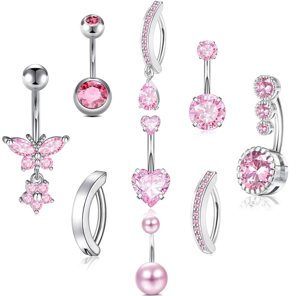 Zircon Butterfly Flower Belly Button Ring Set - Gold Plated Stainless Steel Navel Piercing Jewelry - Image 2