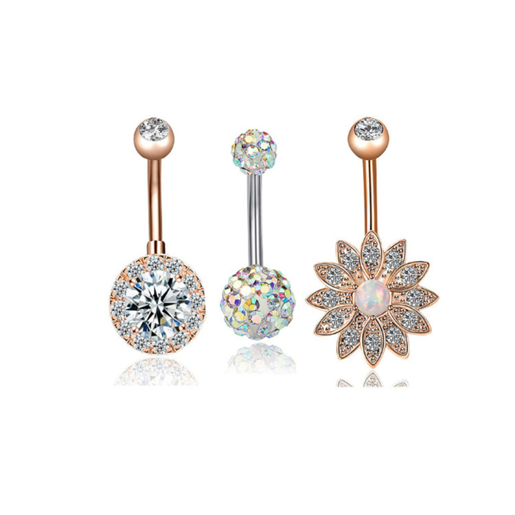 Rose Gold 3-Piece Stainless Steel Navel Ring Set with CZ Opal Diamond Inlay - Dangle Belly Button Jewelry - Image 2