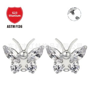 G23 Titanium Butterfly Ear Stud with Zircon Inlay for Cartilage Piercing