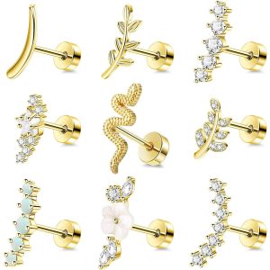 14K Gold Plated Star Zircon Ear Bone Nails Stainless Steel Cartilage Stud Earrings Women Men Unisex