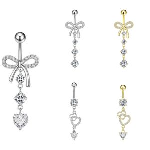 2024 New Fashion Simple Long Bow Zircon Belly Button Ring Navel Piercing Jewelry Copper Gold