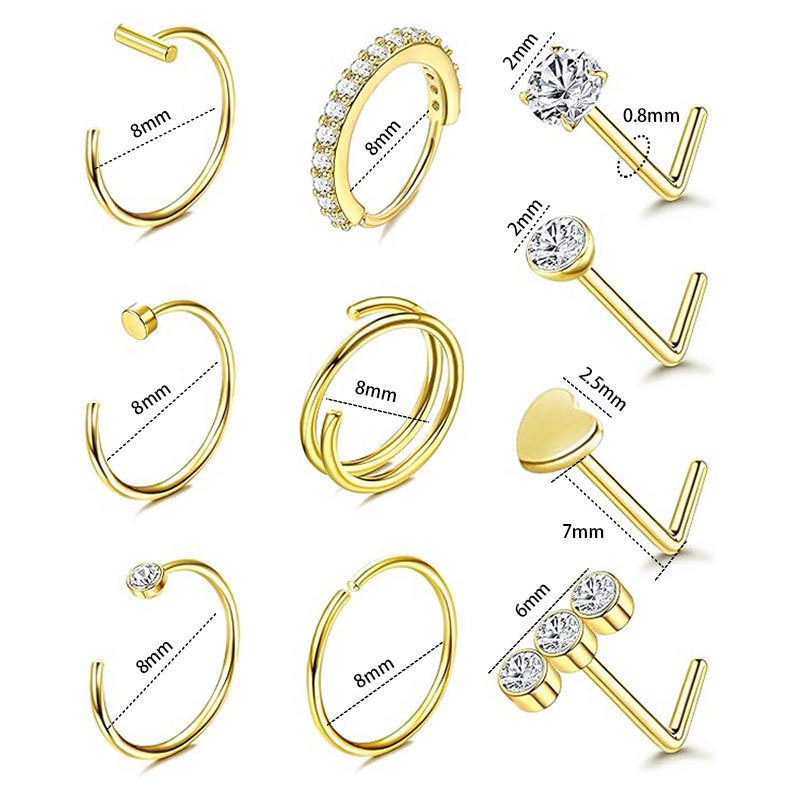 10-Piece Stainless Steel Nose Stud Set with L-Bar and Heart-Shaped Zircon, Bulk Nose Piercing Jewelry for Women Men - Image 5