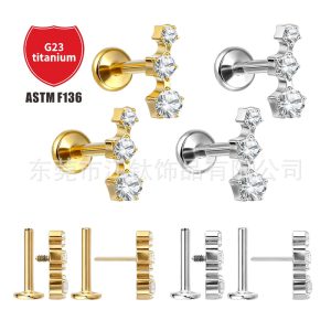G23 Titanium Alloy Ear Cartilage Stud with Three Zircon Stones - Bone Stud, Lip Stud, Body Piercing Jewelry