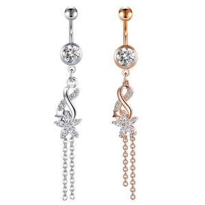 Rose Gold Zircon Flower Belly Button Ring 316L Surgical Steel Navel Piercing Jewelry