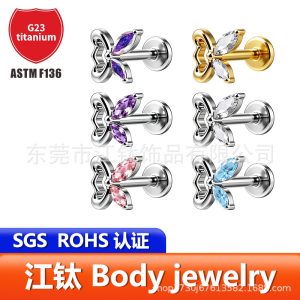 JT1105 Titanium Butterfly Zircon Ear Bone Stud Lip Stud - G23 ASTM F136 Body Piercing Jewelry