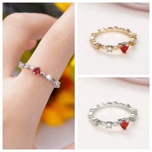 New Copper Inlaid Red Heart-Shaped Ring European American Women Romantic Engagement Ring Wholesale