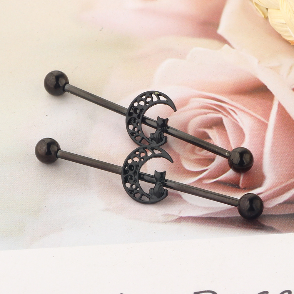 Black Cat Industrial Barbell Cross Bar Piercing Ear Jewelry - Cartilage Stud Earrings - Image 2