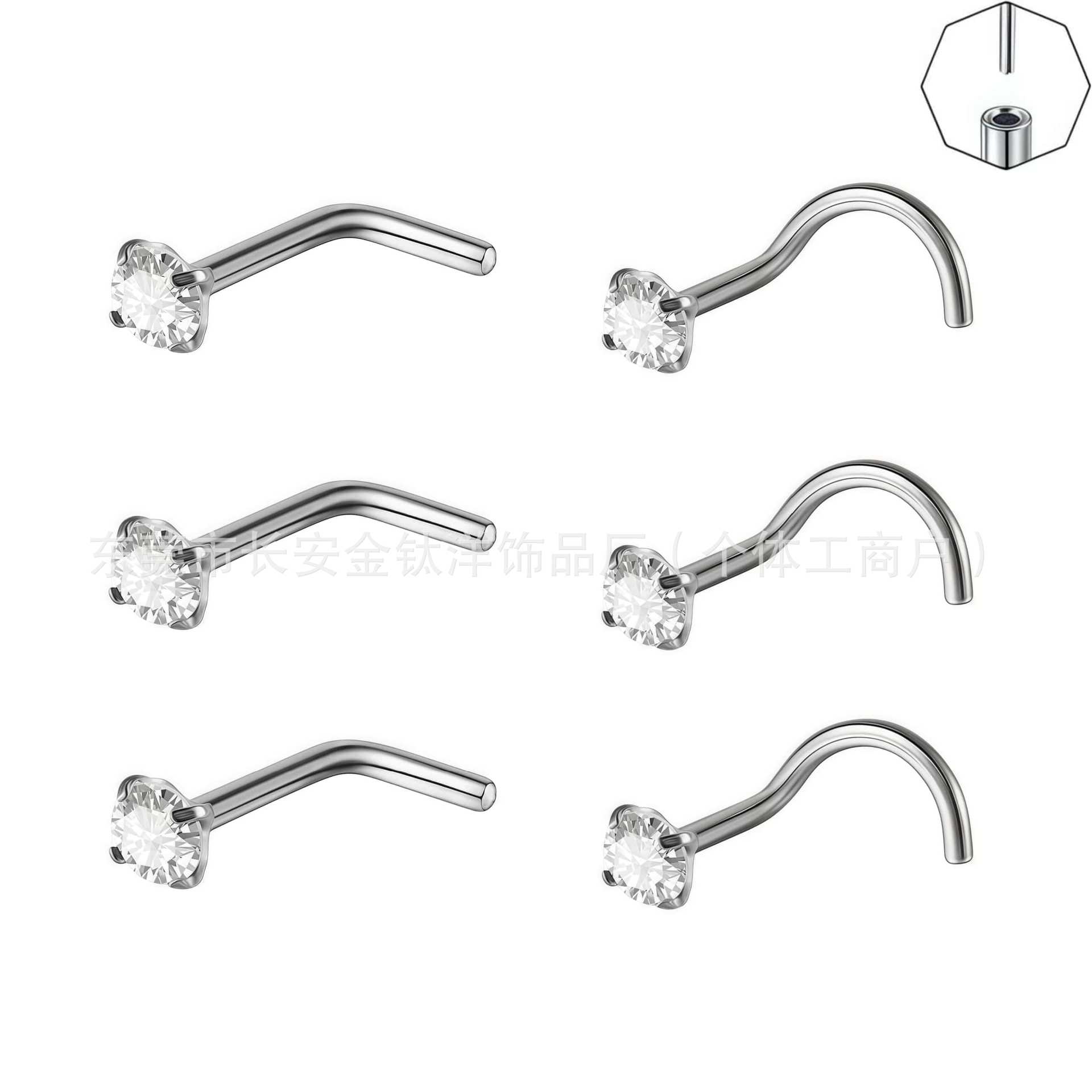 F136 Titanium 5-Shaped L-Shaped Nose Nail Set with 5A Zircon Nose Ring Lip Nail G23 Titanium Alloy Body Piercing Jewelry - Image 4
