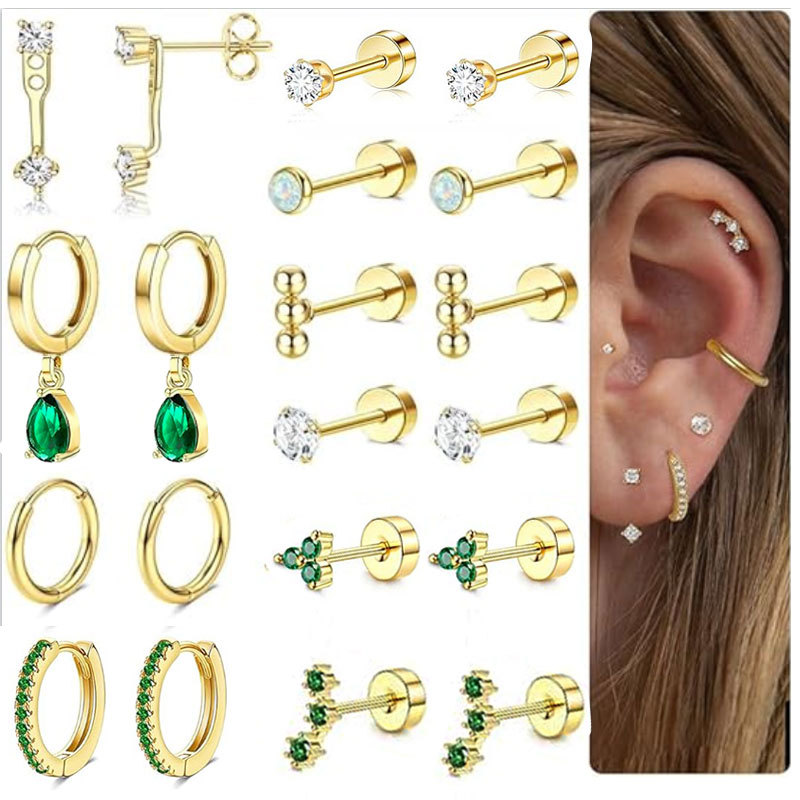 10-Pair Fashion Stainless Steel CZ Butterfly Clasp Earrings & Hoop Earring Set Silver - Image 5