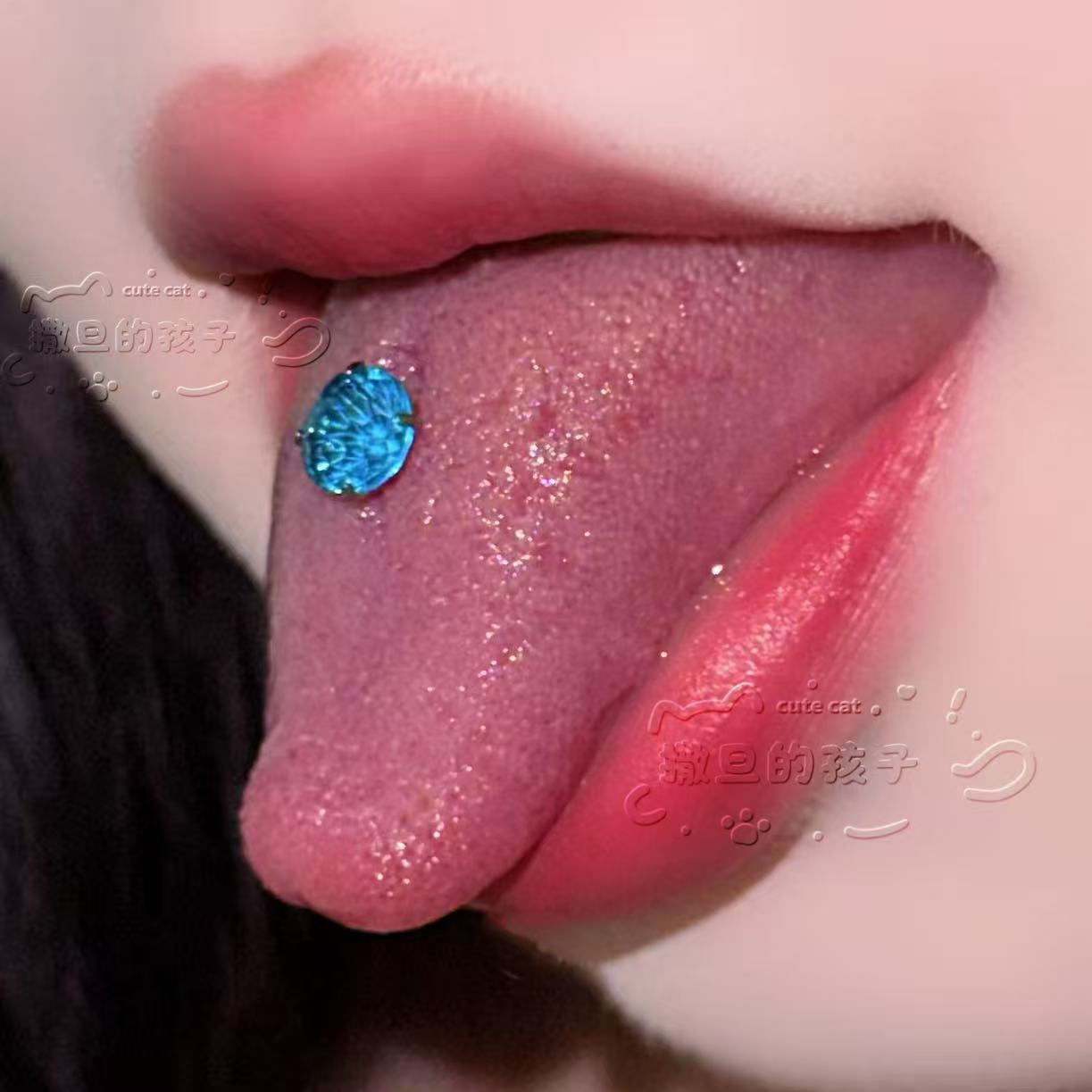 Satan's Child Chagall Blue F136 Titanium Alloy Tongue Barbell 20mm Bar Length 1.6mm Thick Cut Flash Diamond Tongue Ring - Image 4