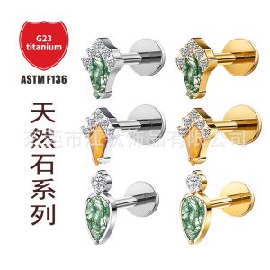 G23 Titanium Alloy Body Piercing Earrings Natural Stone Rhombus Water Drop Ear Jewelry Gold + Tiger Eye