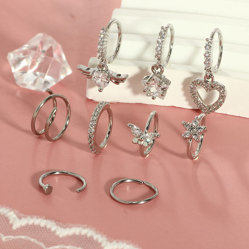 Stainless Steel Heart Nose Ring 20G Nose Nail Piercing Jewelry 9-Piece Set Trendy Classic - Image 4