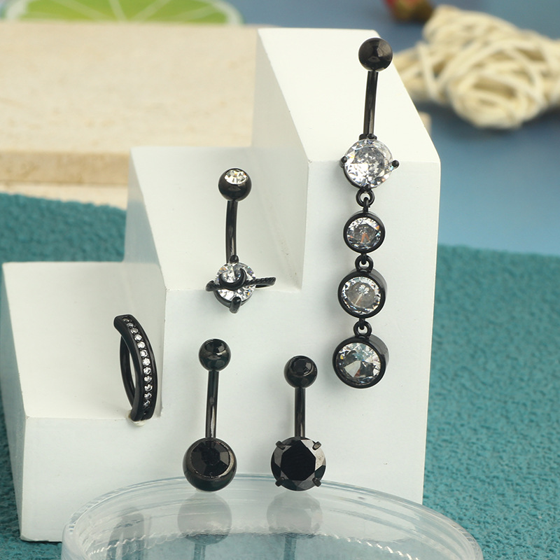5-Piece Black Amazon Stainless Steel Zircon Diamond-Embedded Dragon Claw Navel Ring Set - Image 3
