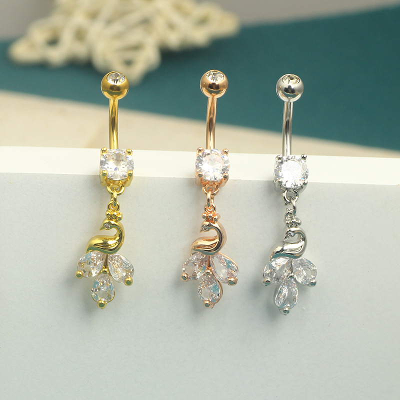 Stainless Steel Swan Feather Zircon Navel Ring - Rose Gold Heart Belly Button Piercing Jewelry for Women - Image 2
