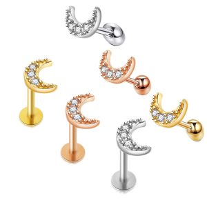 Zircon Stainless Steel Women's Ear Bone Nail Screw Earrings Piercing Jewelry Moon Lip Ring