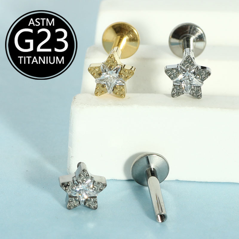 F136 Titanium Alloy Sweet Five-Pointed Star Inlaid Zircon Earrings Mini Star Ear Bone Nails Lip Nails Body Piercing Jewelry - Image 2