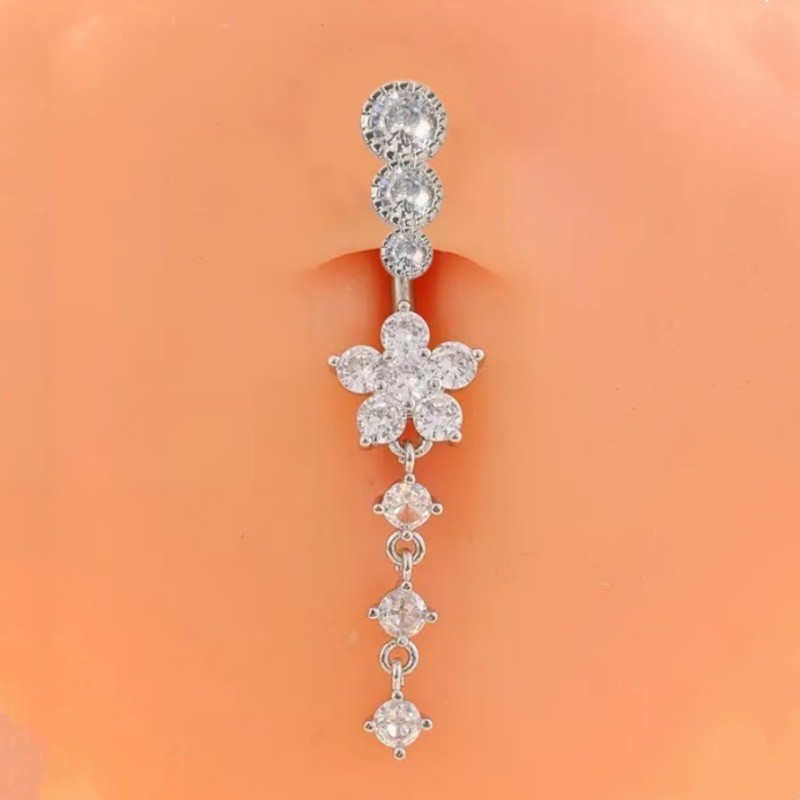 CZ Flower Belly Button Ring 316L Surgical Steel Dangle Belly Ring for Women Body Piercing Jewelry - Image 5