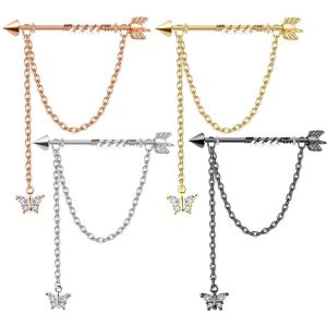 Industrial Rod Ear Chain Handmade Beads Star Dangle Long Earring Stainless Steel Black
