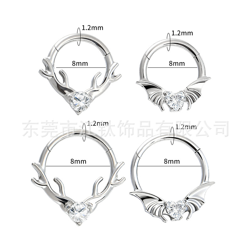 F136 Titanium Nose Ring Earrings Antlers Bat Heart Zircon Inlaid G23 Piercing Jewelry - Image 2