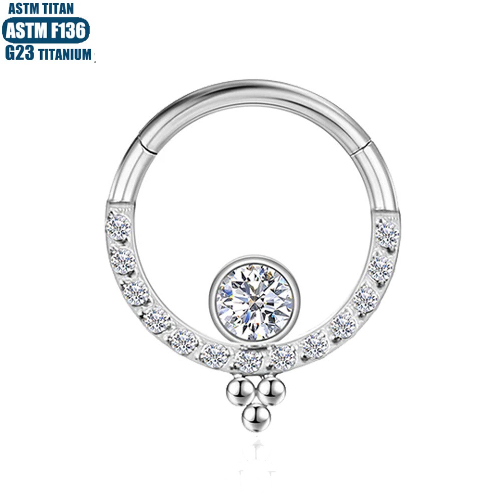 Zircon Bead Cluster Nose Ring 1.2mm Titanium Alloy Seamless Hinged Septum Earring for Women - Image 2