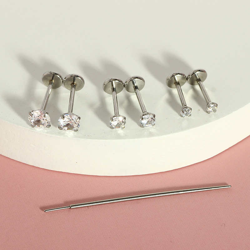 Stainless Steel Classic Basic Zircon-Inlaid Barbell Nose Stud Lip Stud Ear Cartilage Stud 20G Piercing Jewelry - Image 2