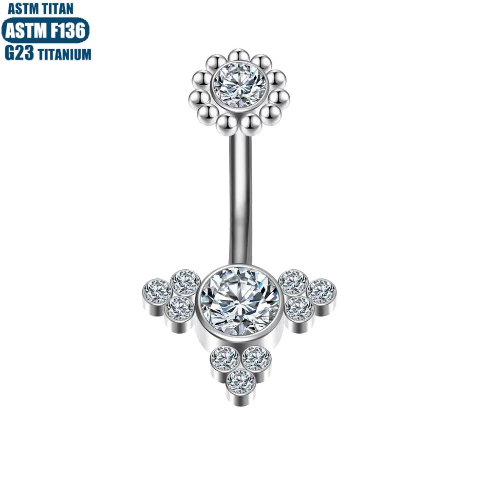 G23 Perforated Navel Ring Bead Cluster Zircon Internal Thread 14G Titanium Belly Button Ring - Image 2