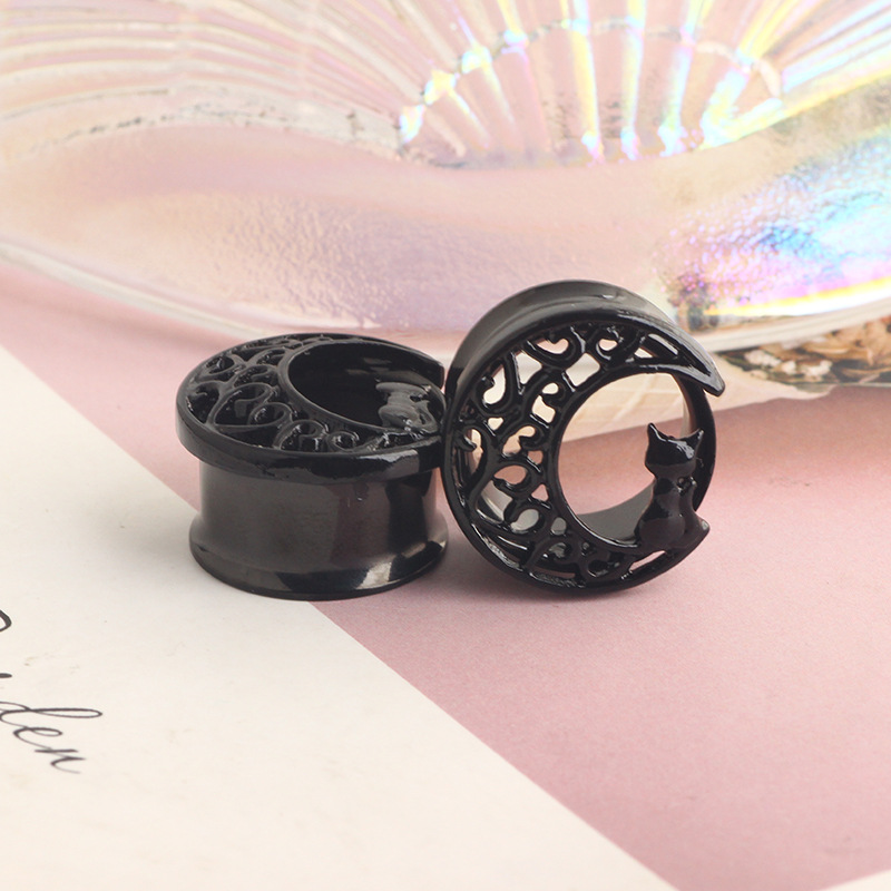 Black Cat on the Moon Stainless Steel Double Horn Ear Expander - 16mm Cartilage Earring - Image 2