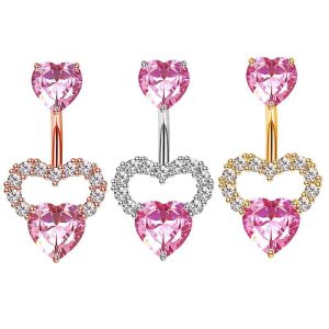Stainless Steel Belly Button Ring with Wings Love Design - Gold Pink Flower Belly Nail System Body Piercing
