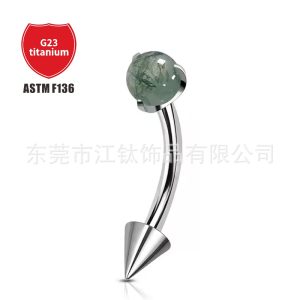 G23 Titanium Lip Nail with Natural Water Grass Agate Point Cone – 5mm Ball – Curved Barbell Body Piercing Jewelry