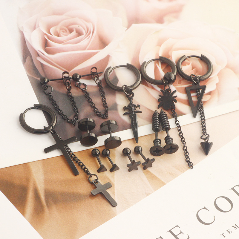 17 Pieces Set Men Stud Earrings Stainless Steel Pierced Earrings Set Black Silver Cross Earrings - Image 4