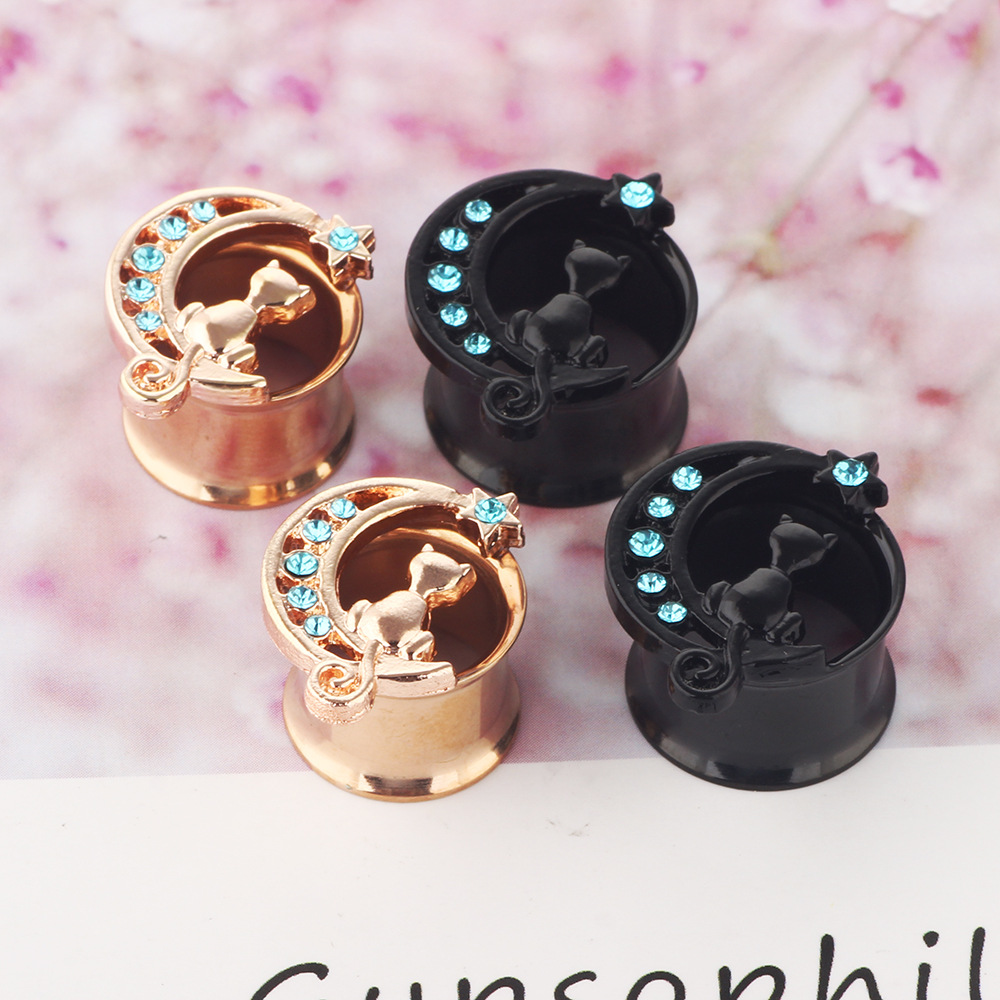 Rose Gold Stainless Steel Ear Expander with Diamond Cat Small Horn Cartilage Earring Jewelry - Image 4