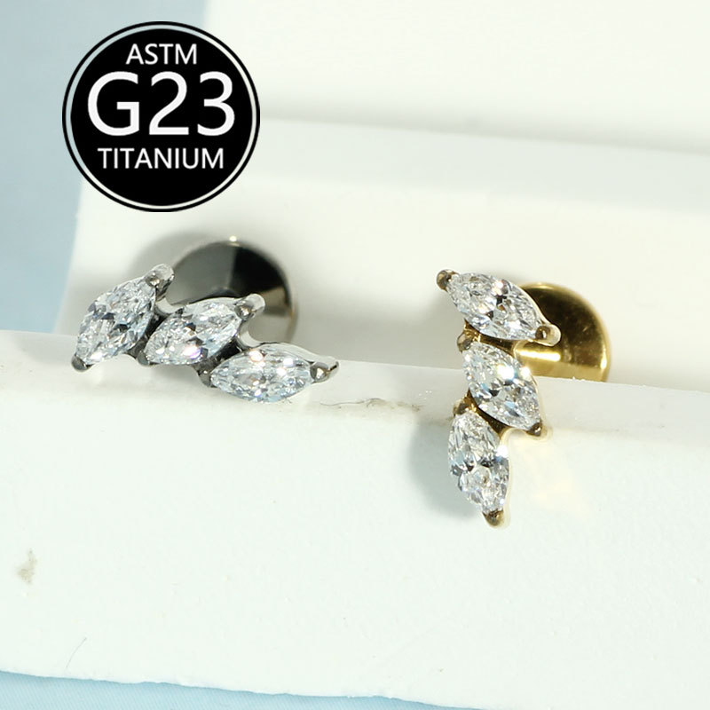 G23 Titanium Leaf Marquise Zircon Lip Stud 1.2mm Rod Internally Threaded Labret Piercing Jewelry - Image 5