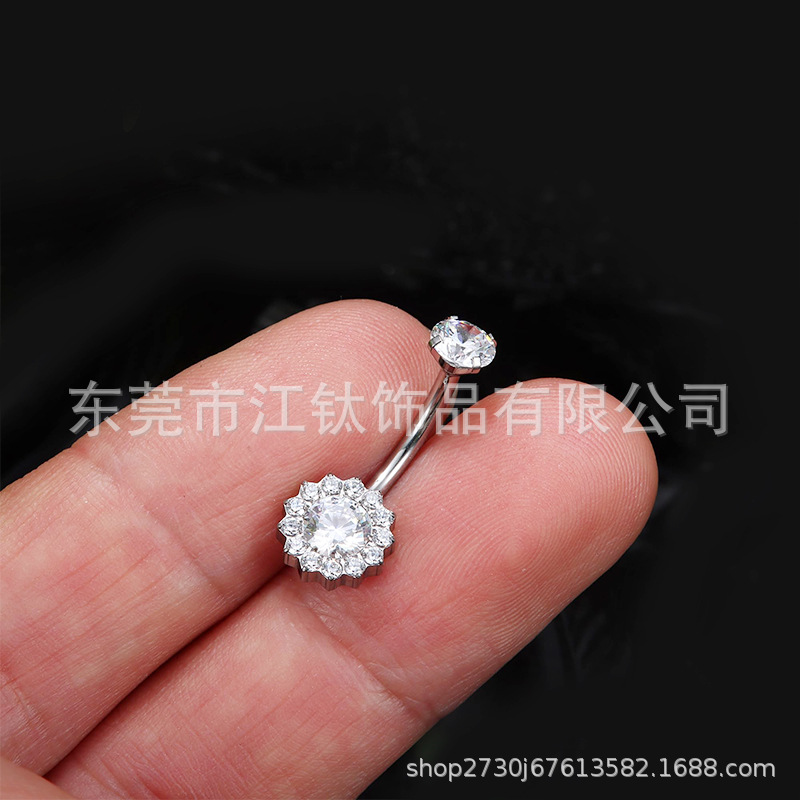 G23 Titanium Belly Button Ring Sunflower Inlaid Stone Cross Piercing Jewelry - Image 3
