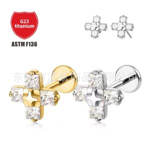 G23 Titanium Ear Bone Cross Stud with Zircon Inlay - ASTM F136 Titanium Alloy Body Piercing Earring