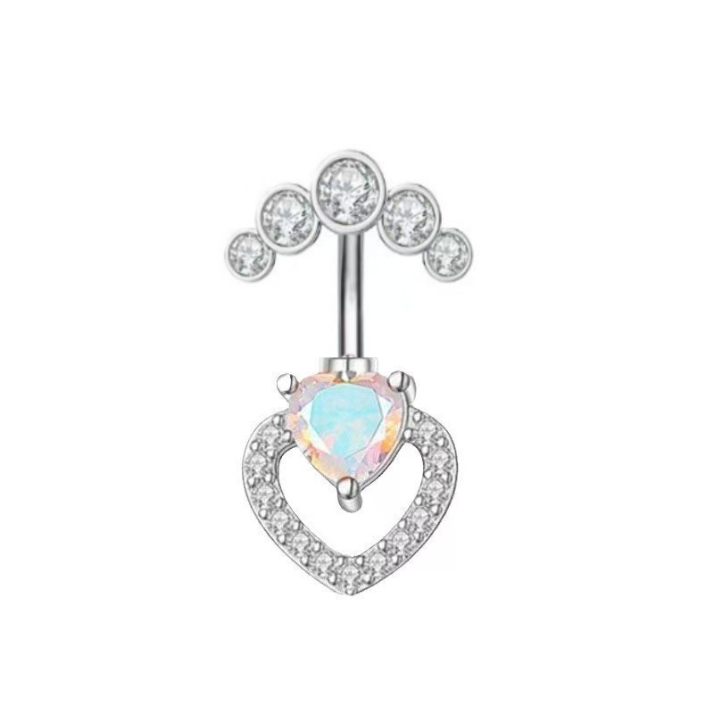 Love Heart White Gold Tone Belly Button Ring Surgical Steel Navel Piercing Jewelry - Image 2