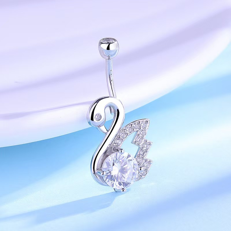 Fashionable Little Swan Belly Button Ring Copper Plated White Gold Tone CZ Dangle Navel Jewelry for Women - Image 2